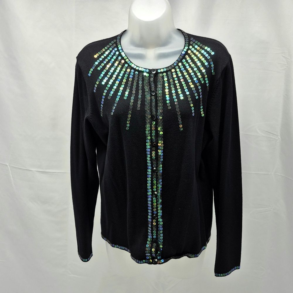 Dress Barn Black Sequin Cardigan Sweater Large Metallic Iridescent Button Up